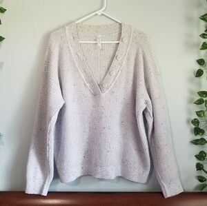 Tranquil & True Waffle Knit Gray Confetti Button Vneck 2X Womens Cozy Sweater
